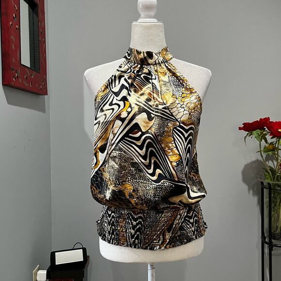 NEW Cache Metallic Shimmer Disco Queen Sleeveless Halter Tie Neck Smocked Top XS - Picture 6 of 16